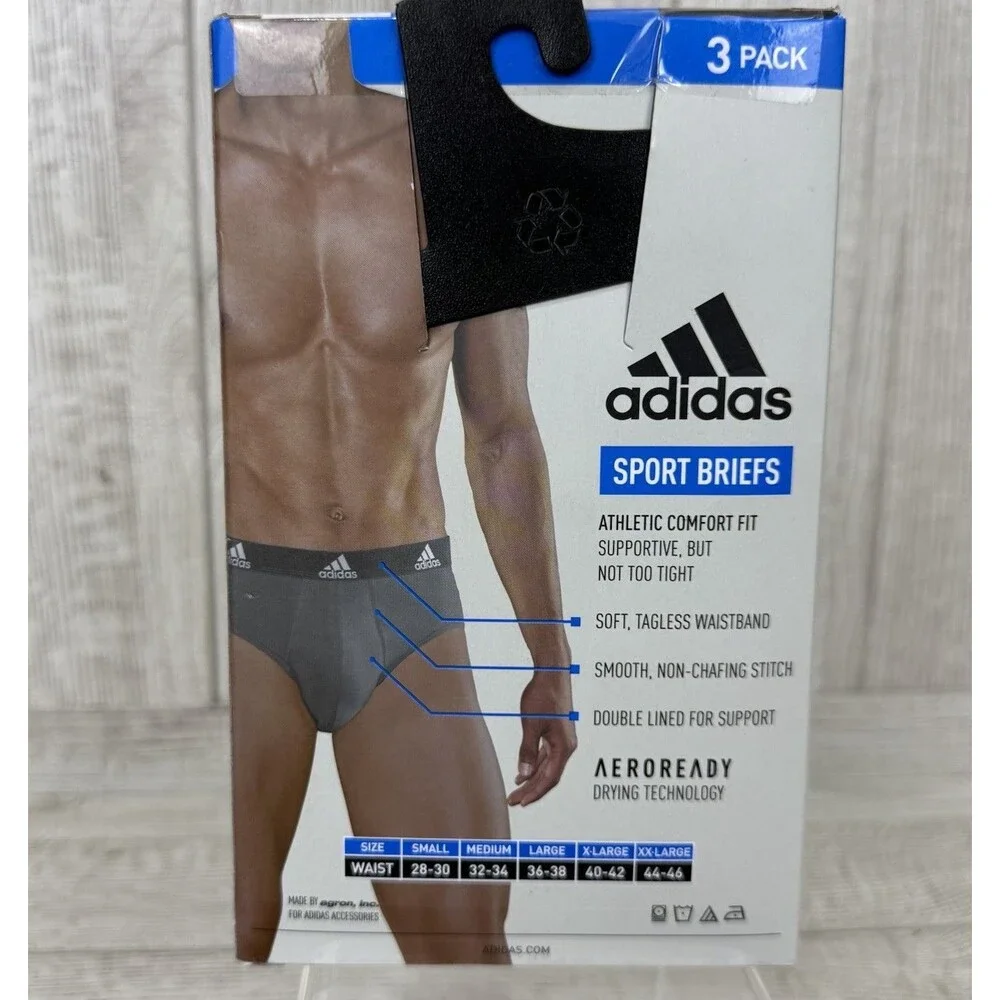 Adidas Men’s XXL Sport Briefs Underwear 3-Pack Performance Stretch Cotton Black